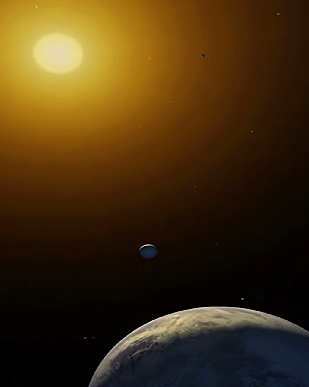 Curved edge of Earth with Moon in foreground bottom, Sun top left, all with a yellow cast haze.